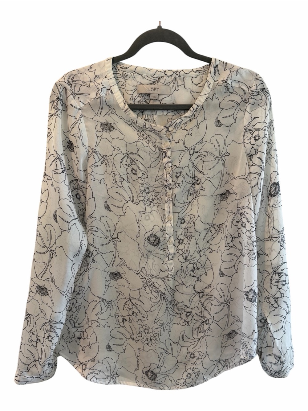 LOFT Light Black Floral-Print Button-Front Long Sleeve Blouse